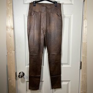 Classic Brown Faux Leather High-Waist‎ Women's Tummy Control Yoga Pants